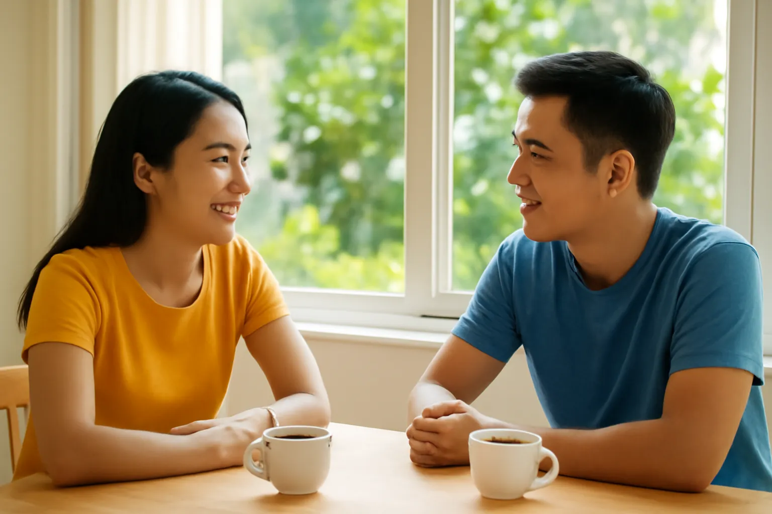 Vợ chồng ngồi đối diện bên bàn ăn sáng có hai ly cà phê