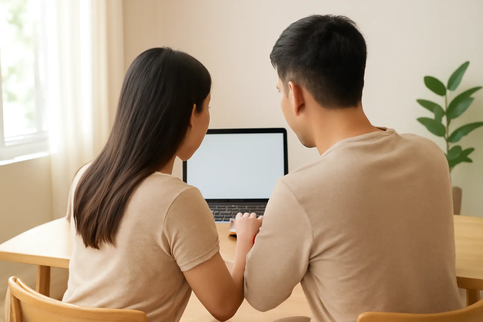 Vợ chồng trẻ ngồi bàn gỗ cùng nhìn máy tính xách tay