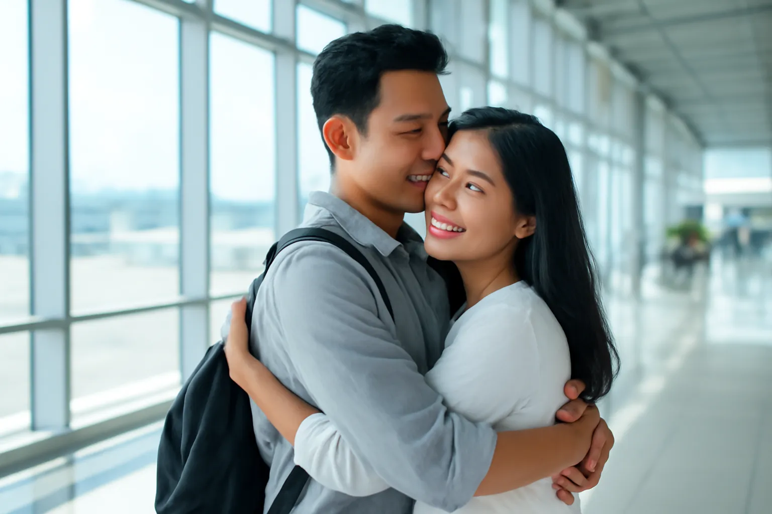 Người chồng ôm tạm biệt vợ ở sảnh sân bay kính sáng